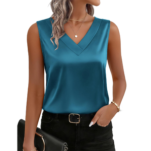 Top Sexy de Satén de Seda 100% Poliéster, Cuello en V, Blusa de Verano sin Mangas, Transpirable, Estilo Casual de Negocios, Elegante, para Vacaciones - Product Image 2