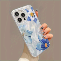 Coque de téléphone antichoc à motif floral bleu laser pour iPhone 16 15 17 Air 18 Pro Max 14 13, avec fil plume brillant