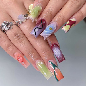 Ongles à presser carrés courts 3D courbés, style français transfrontalier, avec colle, motif Wind love halo, pour automne-hiver, Nail Art, vente en gros - Product Image 1