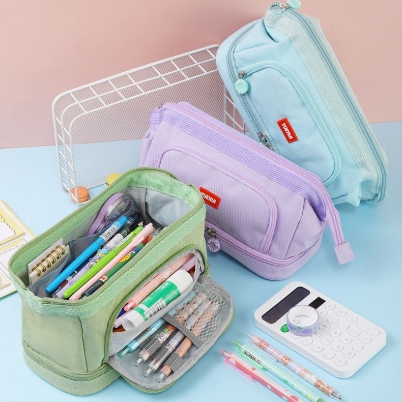 Multifunctional Double-Layer Stationery Storage Bag with Large