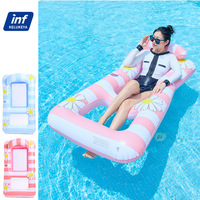 Nouvelle Arrivée : Matelas Flottant Gonflable en PVC pour Enfants, Motif Marguerites et Rayures, avec Filet et Coussin de Flottabilité