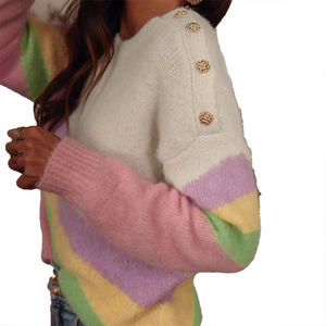 เสื้อสเวตเตอร์ถักแฟชั่นลำลองสำหรับผู้หญิง ดีไซน์หรูหรา เหมาะสำหรับวันพักผ่อน คอทรงกลม ติดกระดุมที่ไหล่ ลายทาง สีสันตัดกัน - Product Image 6