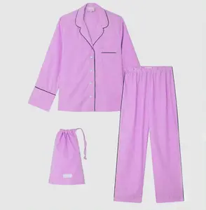 Vêtements de maison Revers Vêtements de nuit Vêtements de détente Ensembles pour femmes Pyjama à manches longues en popeline de coton Pyjama pour femme