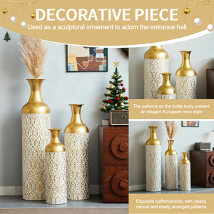 Set di 3 vasi cilindrici alti in metallo bianco oro, decorativi per fiori, con motivo a rilievo, centrotavola moderno di lusso - Product Image 4