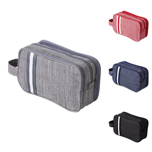 Dry Wet Separation Travel Toiletry Bag Dual Compartment Mesh Visible Pocket Vertical Slot Woven Handle Cationic Fabric Cosmetic - Product Image 1