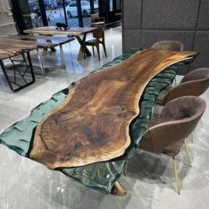 China Supplier Special Design Restaurant Kitchen Furniture Walnut Wood Epoxy Resin Slab River Dining Table