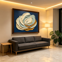 Lukisan Dinding 3D Motif Bunga Biru Dongker dengan Bingkai, Warna Sage Ivory Ochre, Dekorasi Abstrak Bunga untuk Resort, Suite, Galeri, Ruang Tamu