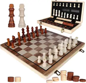 15" Wooden Chess Sets,Chess & Checkers Set with 2 Extra Queens,Foldable , Adults and Kids,Handmade Portable Familly Travelling