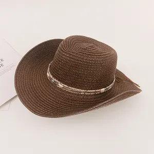 Hot Sell Western Upturned Wide Brim Metal Gemstones -ribbon Cowboy Fedora Hat