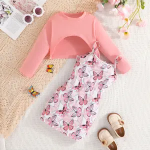 2024 Children Wear Spring Autumn Girl Clothing Set Tank Top Butterfly Printed Shirt Dress 2pcs Clothing Suit For Kids