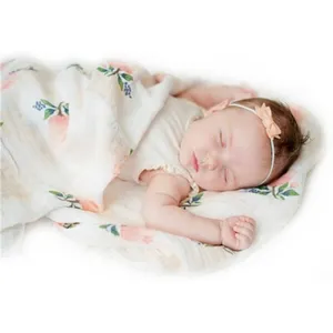 Printed double layer gauze muslin organic bamboo cotton baby swaddle wrap travel blanket baby blanket