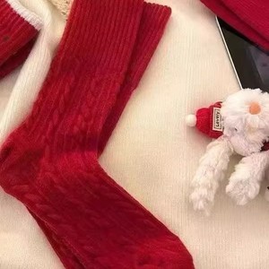 Red Mid-Calf <b>Socks</b> Women <b>Breathable</b> Polyester Solid Color Warm Autumn Winter Festive Style - Product Image 4
