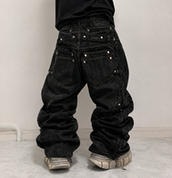 Pantalon en jean noir épais de qualité supérieure DiZNEW pour hommes, double couche, détail de la taille, multi-clouté, coupe ample, logo personnalisé, fabrication en usine
