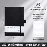 Carnet à couverture rigide A5 noir avec élastique, pages lignées, couverture personnalisée, pages intérieures couleur