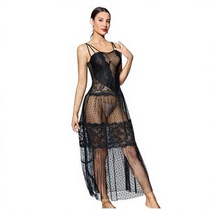 408 ODM Siyah Dantel Dalgalı Noktalı File Gecelik Askılı Uzun Perspektif Seksi Genç Kadın Pijama Takımı - Product Image 1