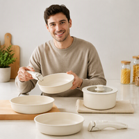 Ensemble de 5 casseroles et poêles antiadhésives empilables avec poignées amovibles, sans PFAS, saines, avec couvercles en verre, pour cuisinière à induction