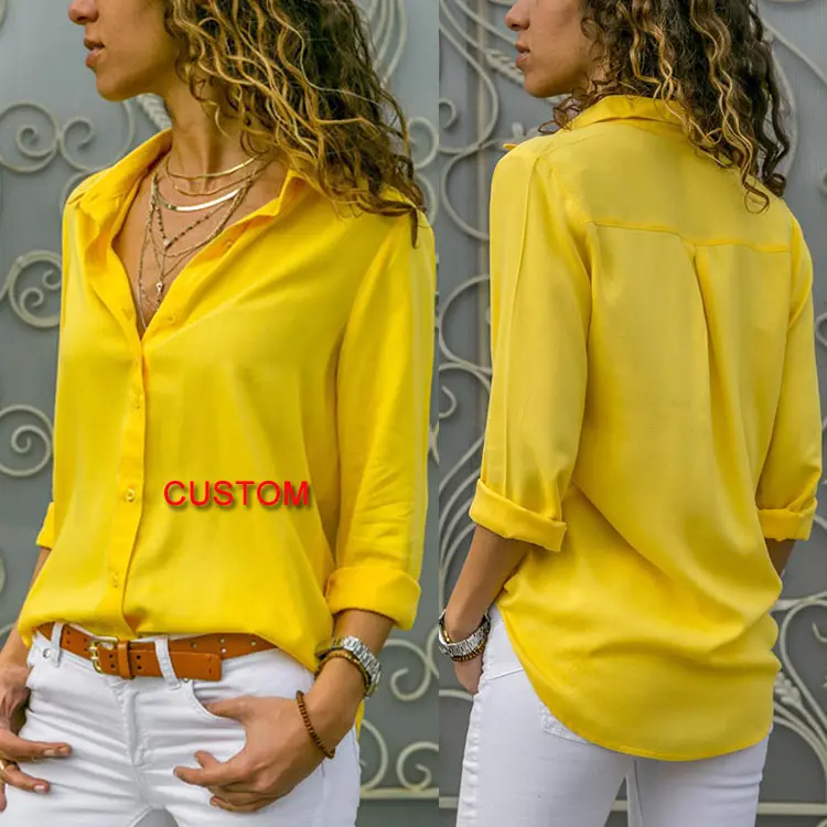 Custom office Pure color ladies chiffon button down shirt tops women chiffon blouse