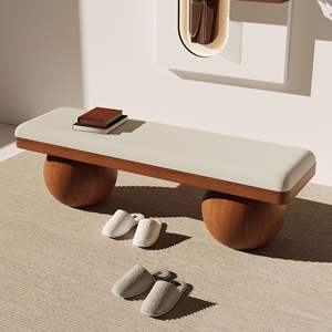 Banc d'entrée de style chinois en bois massif, design boule ronde, gain de place, banc de bout de lit pour chambre à coucher, utilisation polyvalente - Product Image 1