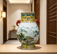 Urne décorative en porcelaine à motif paysage oriental, peinture chinoiserie pavillon montagne, vase en porcelaine avec oreilles d'éléphant