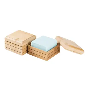 China Supplier Travel Eco Friendly Square Soap Storage Container Holder Tray Bamboo Soap Dish Box With Case Lid & Drain Holder