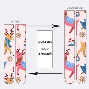 圣诞风格围巾麋鹿印花丝袜定制设计艺术品过膝高女孩针织涤纶袜子