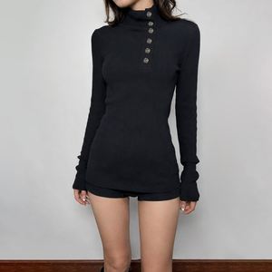 Dark spicy style high neck metal button ribbed knit midi top cinched waist simple versatile slim flattering T <b>shirt</b> - Product Image 3
