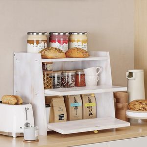 Étagère de rangement double couche en bois pour cuisine, pour organiser le pain, les sachets de thé et de café, support d'angle de comptoir avec design rabattable - Product Image 1