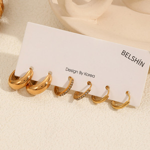 ต่างหูแบบหนีบ 18K สีทอง ไทเทเนียมสตีล เครื่องประดับแฟชั่นผู้หญิง ดีไซน์วงแหวนทรงเรขาคณิต - Product Image 3