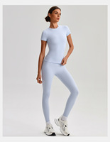 T-shirt de sport transfrontalier Sage, sensation seconde peau, respirant, couleur unie, haute élasticité, manches courtes, ensemble de yoga