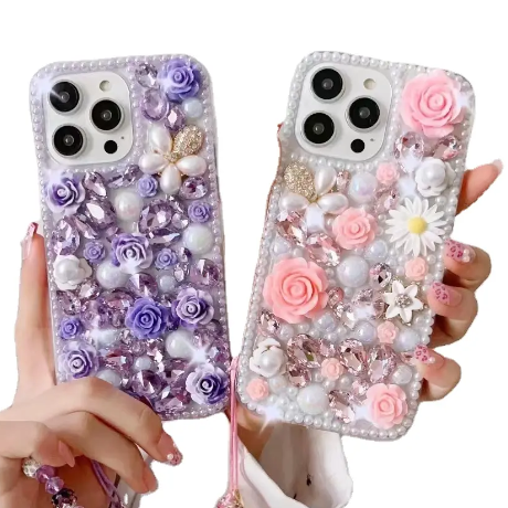 Factory Wholesale Rhinestone 3D Flower Pattern Anti-fall Mobile Phone case Suitable for IPhone15 16 Pro Max PPC36