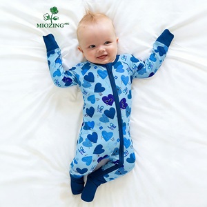 Baju Bayi Baru Lahir Motif Hati Biru Pastel Custom Miozing, Pakaian Bayi Bahan Campuran Bambu Spandex, Jumpsuit Bayi - Product Image 1