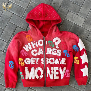 Nhà Sản Xuất Đầy Đủ 3D Phun/Bọt In Axit Rửa Zip up Áo Thun Cắt Cạnh Rhinestone Áo Không Có Chuỗi Đồ Họa Cắt Áo - Product Image 1