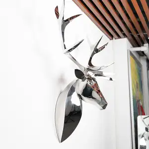 Современный интерьер, металлическая голова оленя, полированная скульптура, настенное художественное украшение, домашний декор