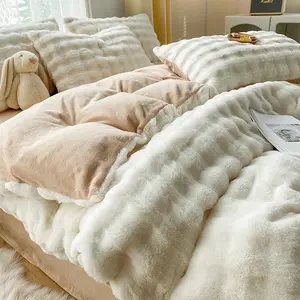 Wholesale Custom Adult Solid Thicken Warm Rabbit Velvet Duvet Cover Bed Sheets Bedding Set Winter