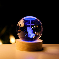 Globes décoratifs lumineux 60mm 80mm avec base éclairée, figurines d'animaux en verre, boules de cristal, Arbre de Vie 3D pour meilleur ami