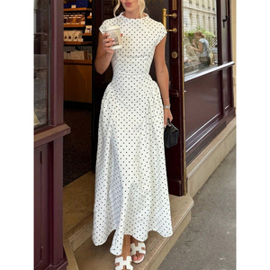 Abito lungo elegante da donna all'ingrosso, modello A-Line con vita impero, stampa a <span class=keywords><strong>pois</strong></span> personalizzata, scollo rotondo, bianco, per l'ufficio - Product Image 1