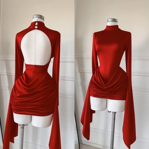 Robe moulante asymétrique à col haut et manches longues, mini-robe froncée pour soirée et club - Product Image 2