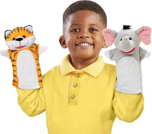 Juego de 6 marionetas de mano de <span class=keywords><strong>animales</strong></span> de felpa suave para niños pequeños, incluye elefante, Tigre, loro, jirafa, mono y cebra - Product Image 5