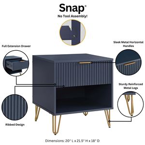 Nightstand In Midnight Blue With Ribbed <b>Drawer</b> And Gold Legs Modern Storage <b>Unit</b> For Bedroom Or Living Room - Product Image 4