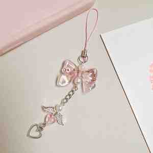 Correa de cuentas para teléfono móvil con dije de corazón y lazo de mariposa, bonita para colgar, accesorios para llavero de teléfono móvil - Product Image 6