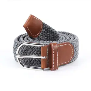 Factory Custom Logo Men's Black Adjustable Braided Stretch Leather End Tip Elastic Stretch Belt