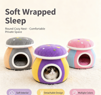 Lit pour chat en forme de champignon, épais et chaud pour l'hiver, en fourrure de lapin, détachable, lavable, semi-fermé, pour petits chiens