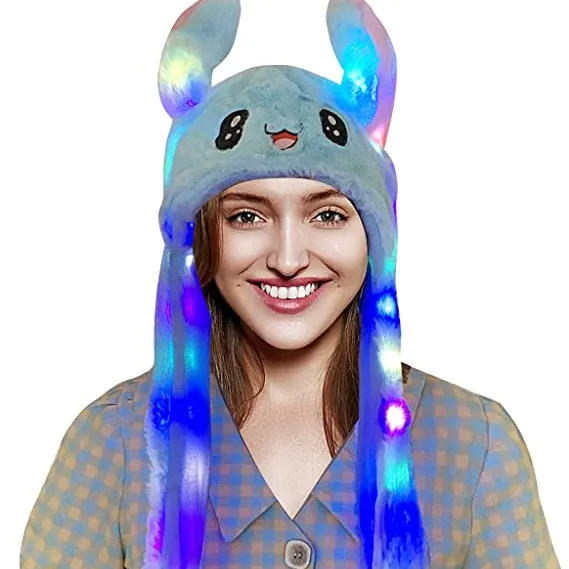 Led Glowing Bunny Hat Funny Plush Dancing Rabbit Cap with Moving Ears Cute Jumping Bunny Animal Hats for Kids Adult
