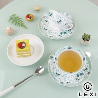 LEXI CH1188 Ensemble tasse et soucoupe en porcelaine fine vert menthe, motif vigne tombante, bordure cintrée, imprimé treillis, ligne dorée, bol large 200ml pour thé