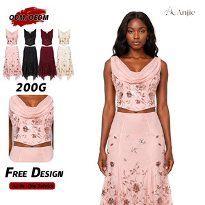 Anjie OEM ODM Womens Pink Sequin Floral Corset Top Handkerchief <strong>Skirt</strong> Set Custom Private Label 2 Piece Wholesale - Product Image 1