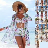 Set Baju Renang Wanita Tiga Potong, Bikini, Celana Boxer, dan Cover-Up, Bahan Spandex/Polyester, Pelindung dari Sinar Matahari, Modis untuk Pantai