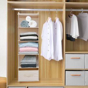 Large Hanging Closet Organizer <b>6</b> Shelf With <b>Drawer</b> Beige Foldable Clothing Storage For Bedroom - Product Image 3