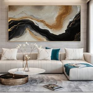 Pintura Contemporánea al Óleo con Textura, Arte en Lienzo, Ondas Abstractas en Dorado y Negro, Decoración de Pared para Hogar y Galería - Product Image 5
