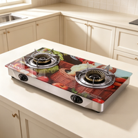 Kompor Gas Outdoor China dengan Meja Kaca Temper, Kompor Gas Portabel 2 Tungku untuk Memasak di Dapur Rumah