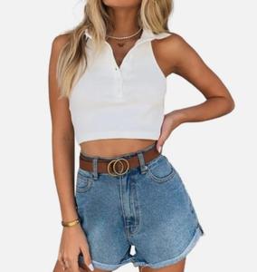 Top corto sin mangas de punto acanalado transpirable para <span class=keywords><strong>mujer</strong></span> con cuello <span class=keywords><strong>polo</strong></span> y botones, estilo casual - Product Image 3